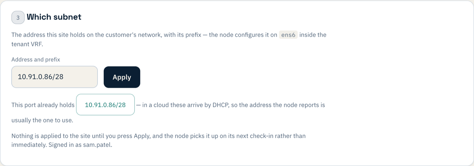The Which subnet step with 10.91.0.86/28 filled in from the address AWS gave the interface