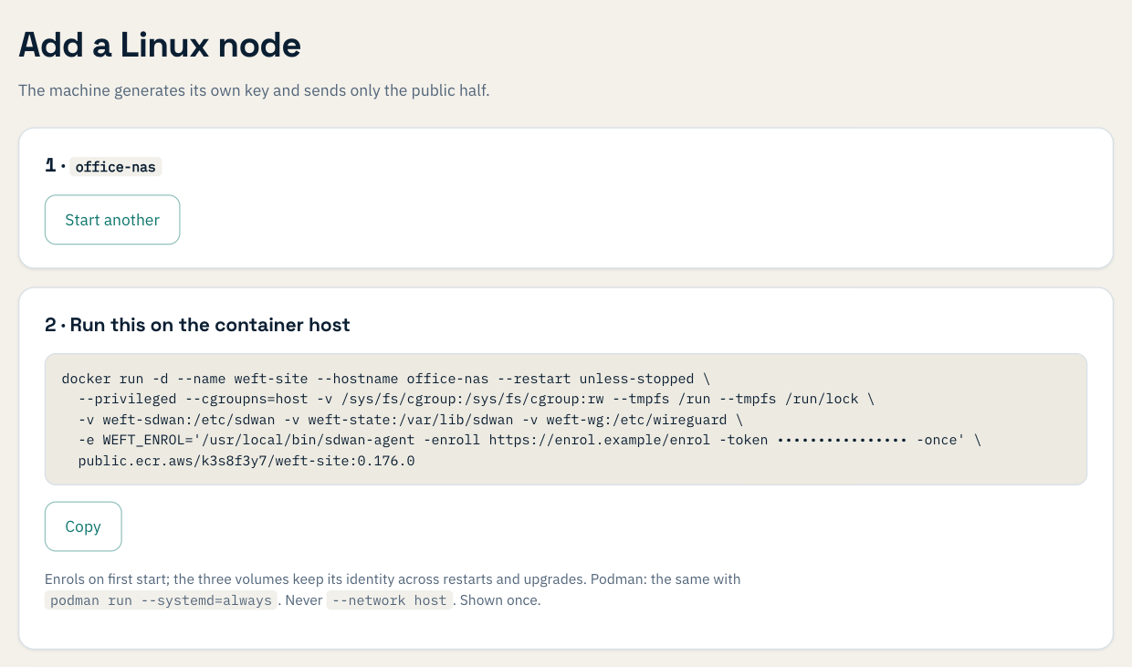 Add a Linux node, site office-nas: step 2, Run this on the container host, a docker run command with the enrolment line in WEFT_ENROL and the image public.ecr.aws/k3s8f3y7/weft-site:0.176.0