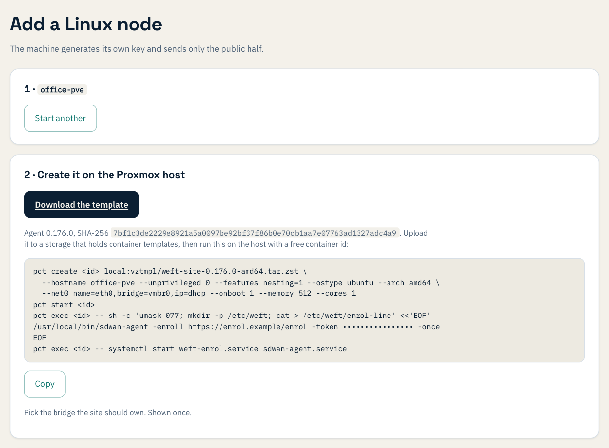 Add a Linux node, site office-pve: step 2, Create it on the Proxmox host, a Download the template button, the template's SHA-256, and pct create, pct start and pct exec commands with the enrolment line
