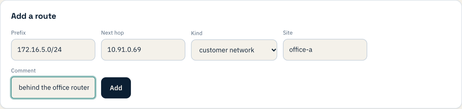 Add a route: prefix 172.16.5.0/24, next hop 10.91.0.69, kind customer network, site office-a