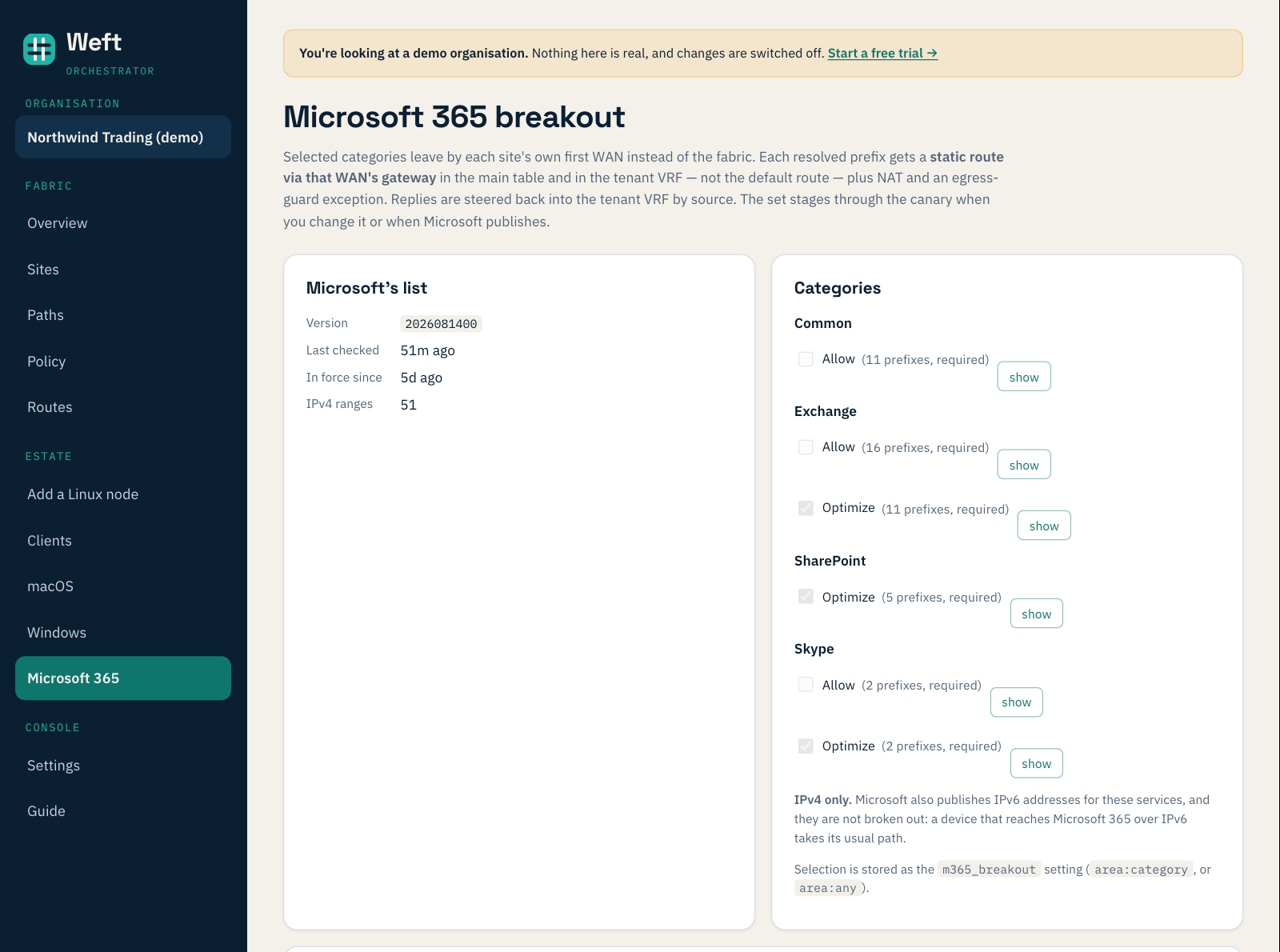 The Microsoft 365 breakout page: Microsoft's list version and age, and the categories, with Exchange, SharePoint and Skype Optimize selected