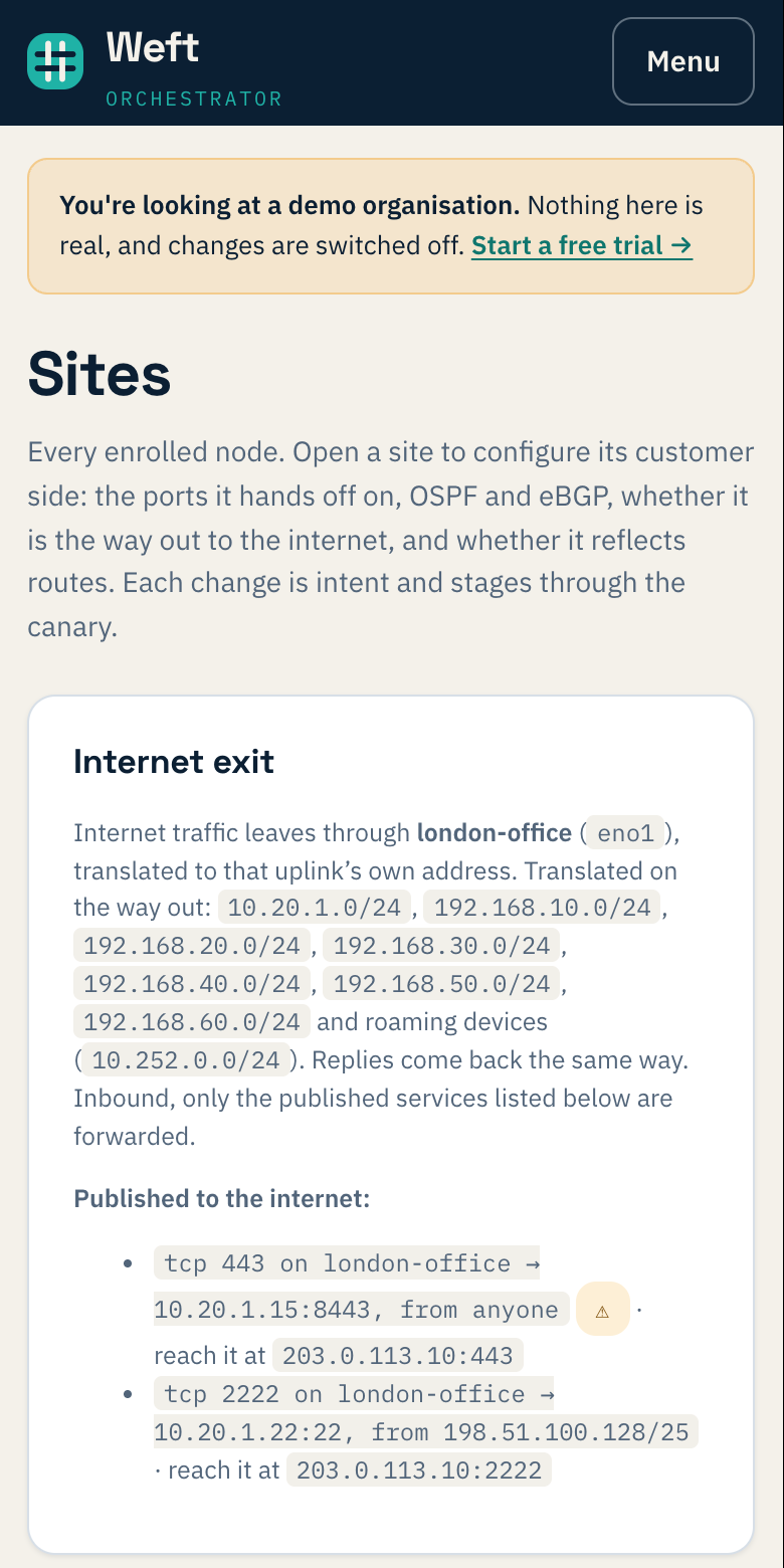 The Sites page on a phone: the demo banner, then the internet exit and the two published services
