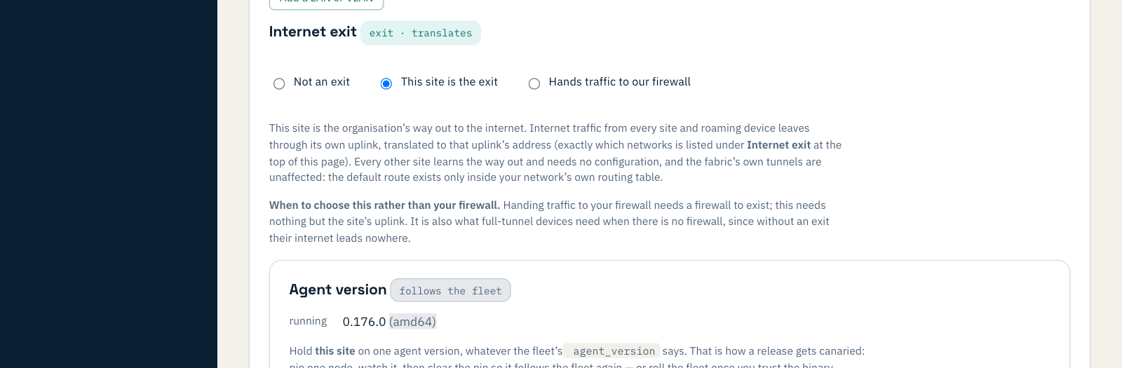 A site's Internet exit section with three choices: Not an exit, This site is the exit (selected), Hands traffic to our firewall