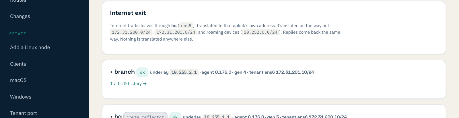 Internet exit: Internet traffic leaves through hq (ens5), translated to that uplink's own address. Translated on the way out: two office networks and roaming devices