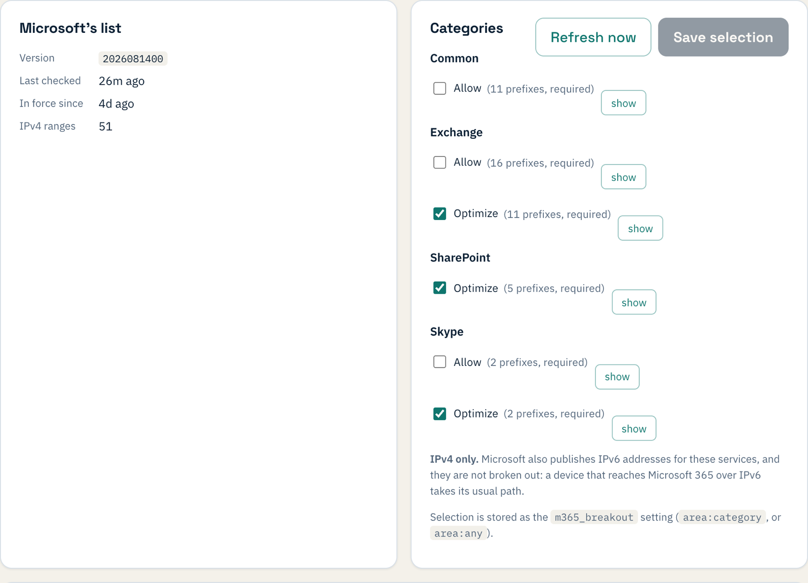 The Microsoft 365 page with Optimize ticked for Exchange, SharePoint and Skype