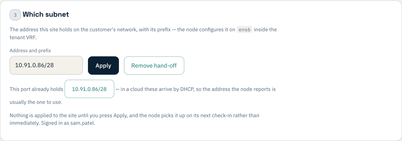 The Which subnet step with 10.91.0.86/28 entered and an Apply button