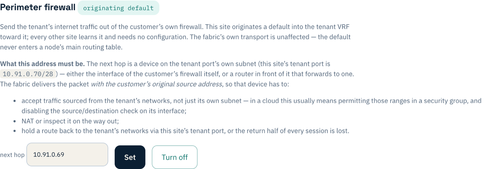 The Perimeter firewall section showing 'originating default', the requirements for the next hop, and next hop 10.91.0.69
