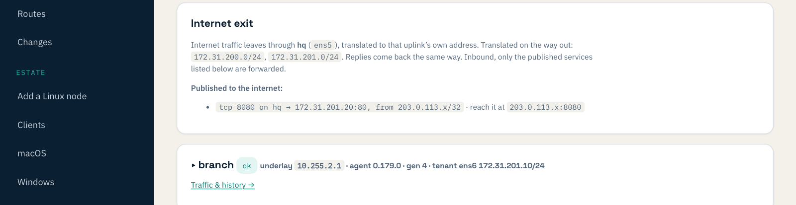 Internet exit summary: Published to the internet, tcp 8080 on hq to 172.31.201.20 port 80, from one address, reach it at the site's address port 8080