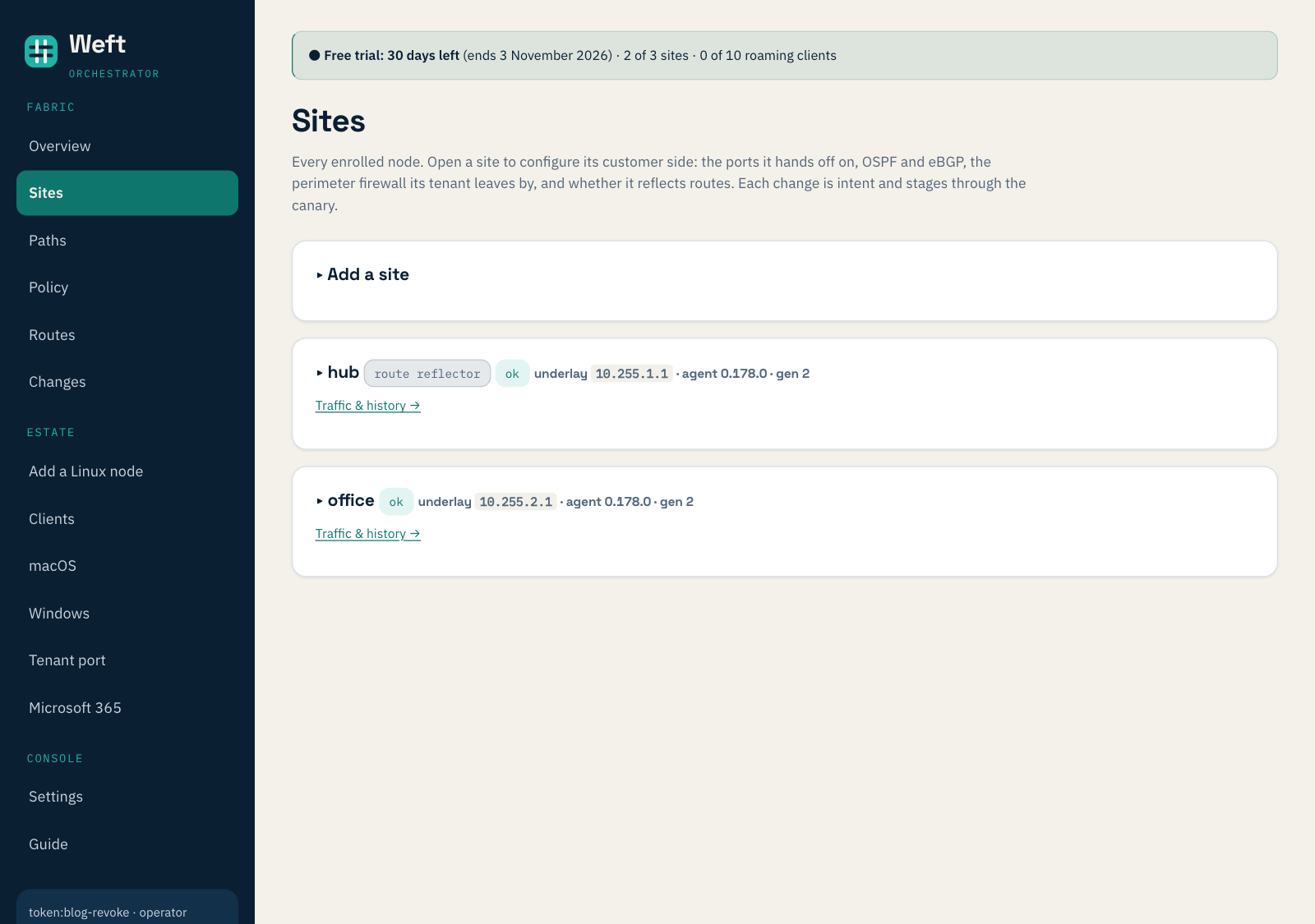 The Sites page: hub (route reflector) and office, both ok, agent 0.178.0