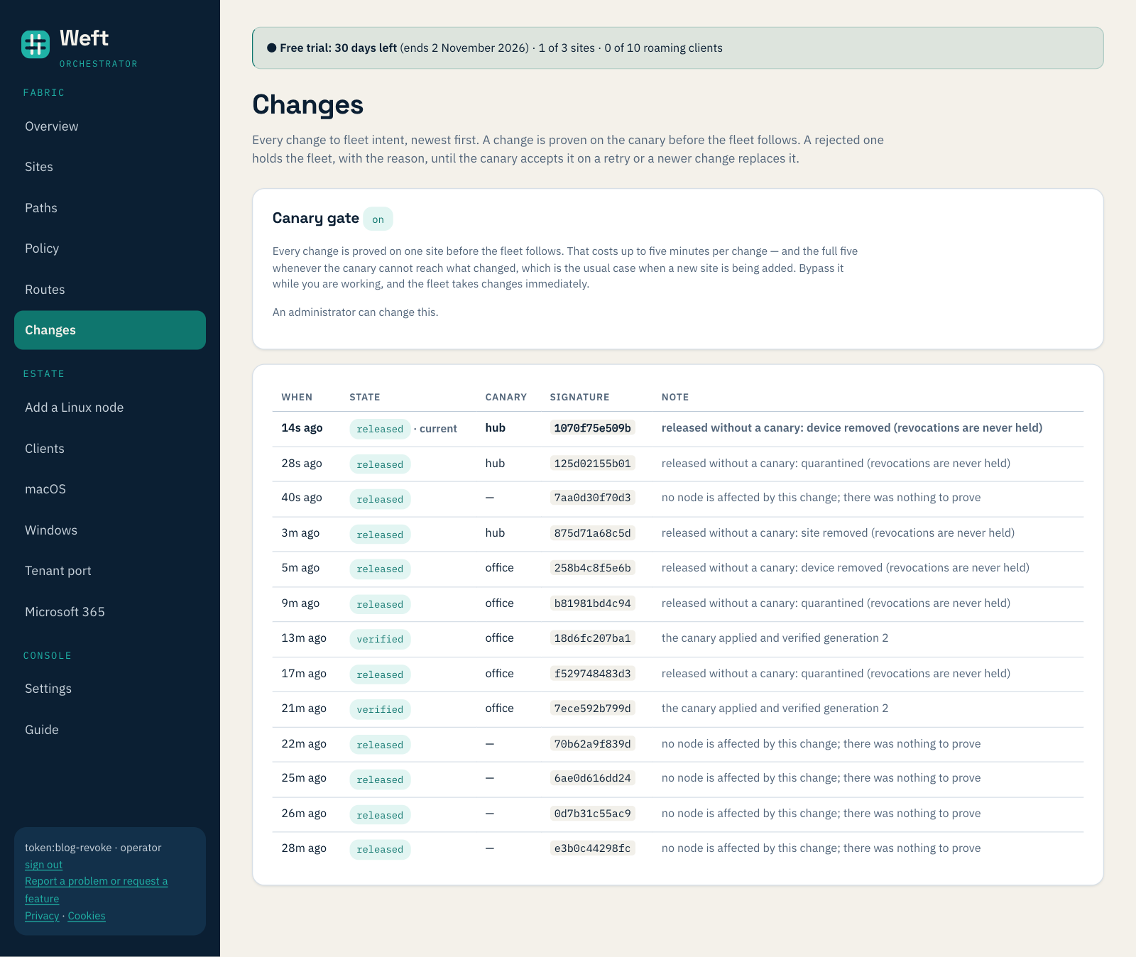The Changes page: device removed, quarantined and site removed, each released without a canary, revocations are never held