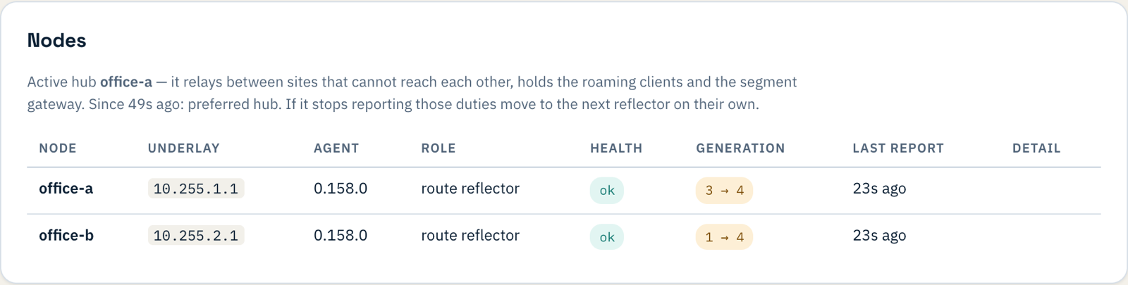 The Nodes table showing office-a and office-b, both route reflectors with health ok, and office-a as the active hub