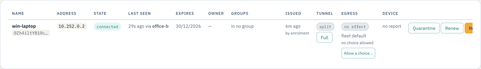 The Clients page showing win-laptop connected via office-b