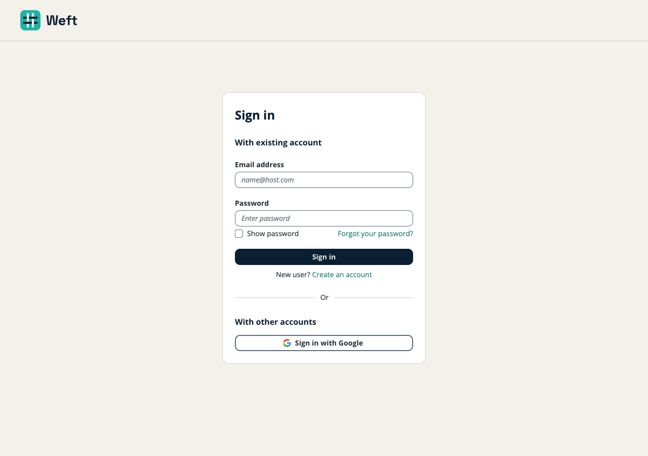 Weft's sign-in page in light mode: the Weft logo, an email address and password form, and Sign in with Google underneath