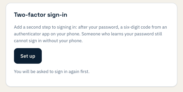 The Two-factor sign-in card: add a second step to signing in, after your password, a six-digit code from an authenticator app on your phone. A Set up button, and a note: you will be asked to sign in again first