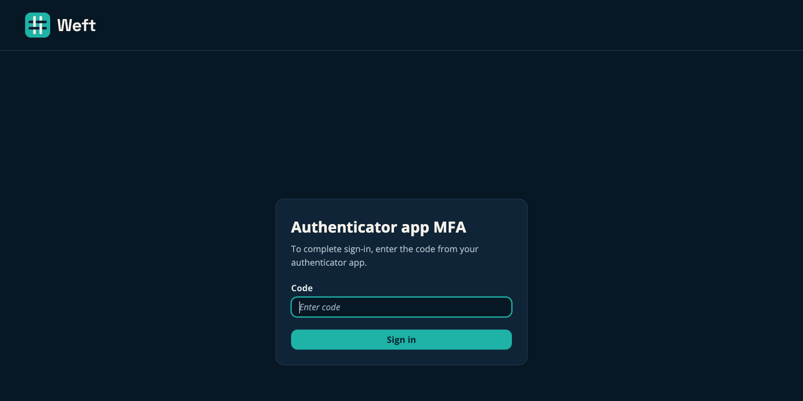 The sign-in page in dark mode asking for the code from your authenticator app, with a Code box and a Sign in button