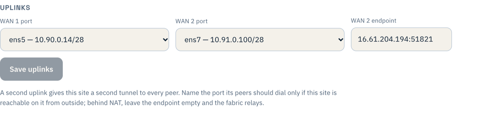 Uplinks with WAN 1 port ens5, WAN 2 port ens7 and WAN 2 endpoint 16.61.204.194:51821