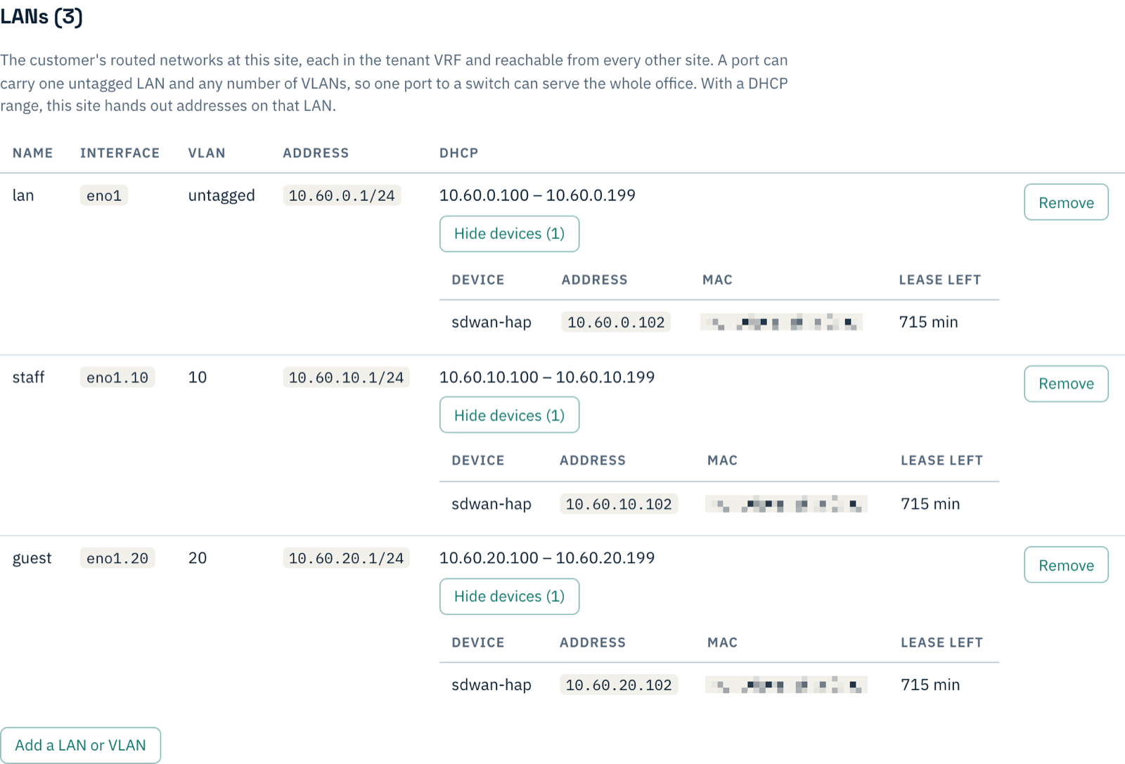 The site's LANs: lan on eno1 untagged, 10.60.0.1/24; staff on eno1.10, VLAN 10, 10.60.10.1/24; guest on eno1.20, VLAN 20, 10.60.20.1/24; each with a DHCP range and the MikroTik holding one lease