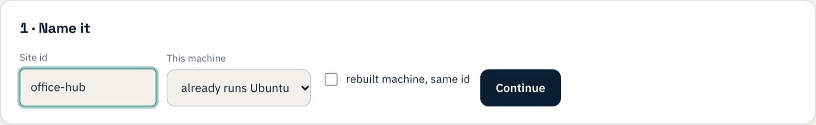 The Add a Linux node page with the site id office-hub entered and 'already runs Ubuntu' selected