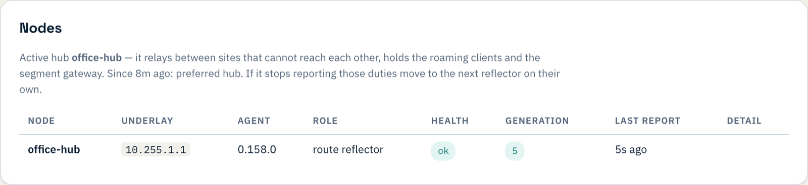 The Nodes table on the Overview showing office-hub, agent 0.158.0, role route reflector, health ok