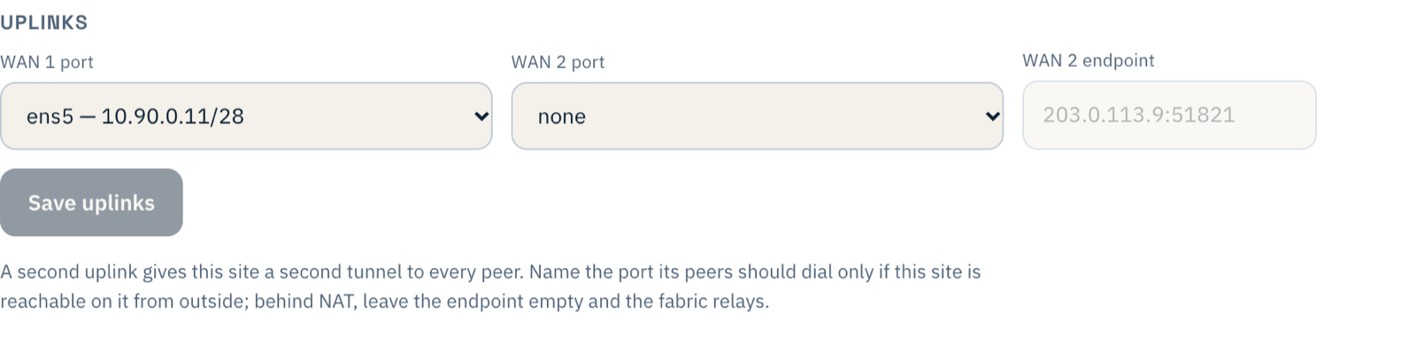 The Uplinks section with WAN 1 port set to ens5