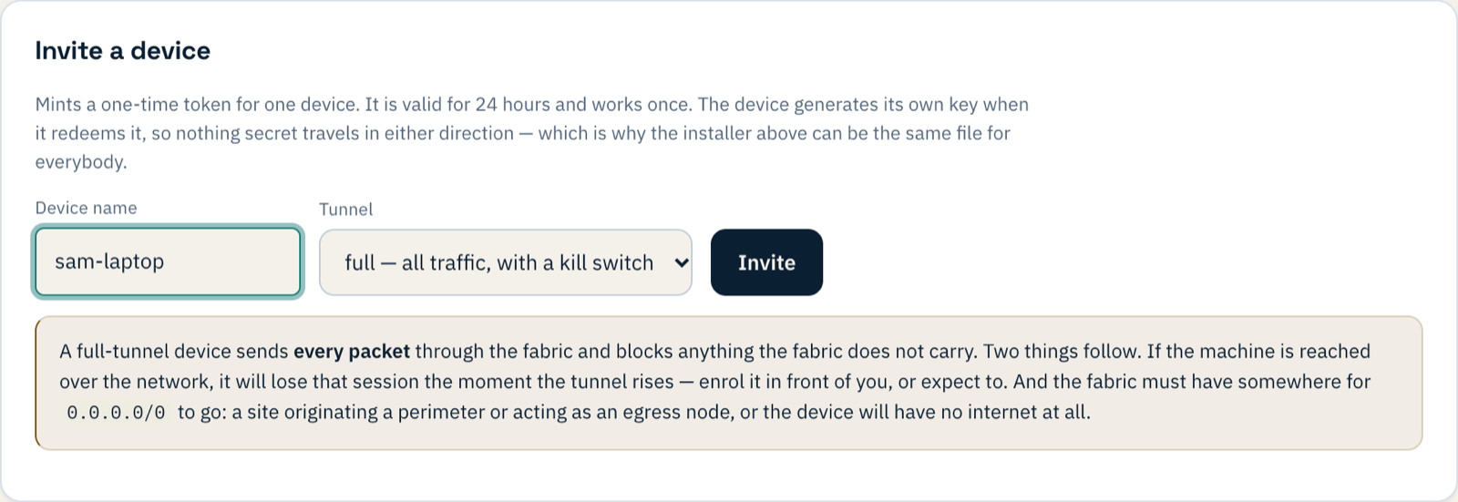 The Invite a device form with device name sam-laptop and tunnel set to full, showing the full-tunnel warning