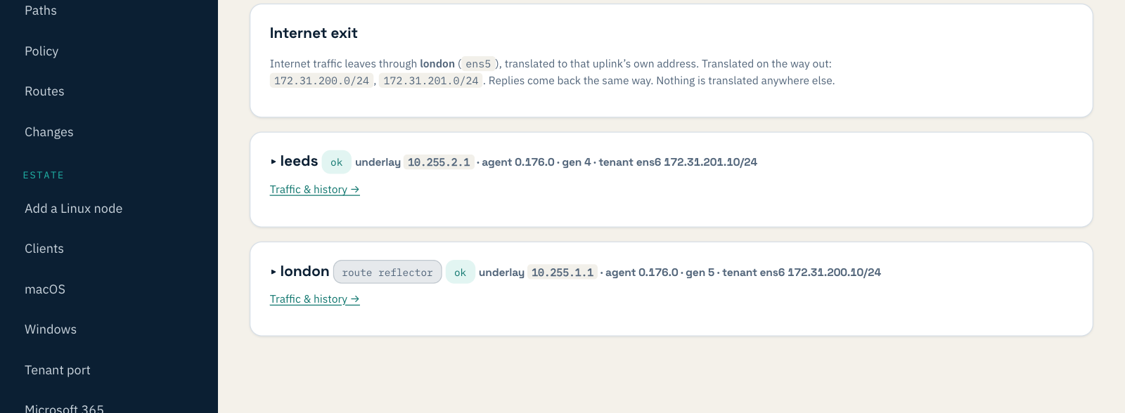 Weft's Sites page with two offices, leeds and london, each with its office network on a second port, and an Internet exit summary