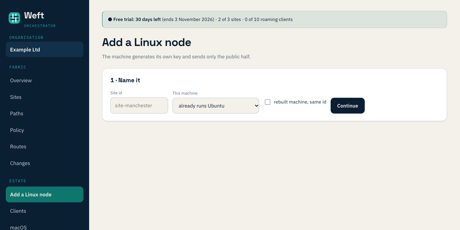 The Add a Linux node page: a site id field, a choice of machine type such as already runs Ubuntu, and a Continue button